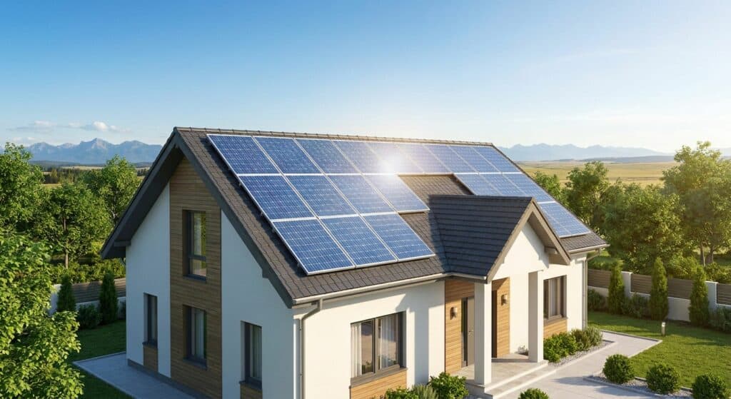 Modern house with extensive solar panel installation on the roof, showcasing renewable energy solutions for residential properties.
