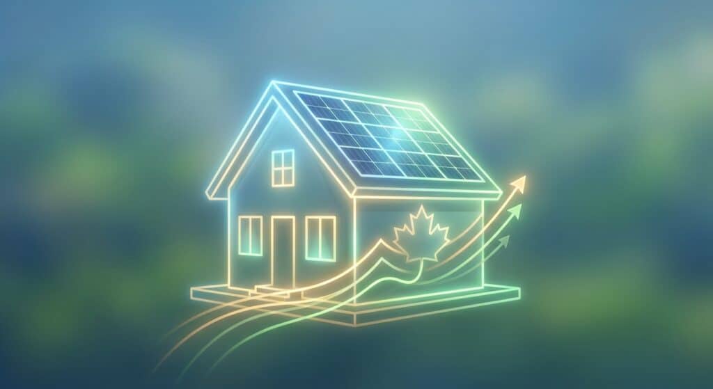 Guide to the Energy Efficient Mortgage Rebate Canada 1 Illustration of a house with solar panels and an upward growth chart, symbolizing renewable energy and increasing energy efficiency.