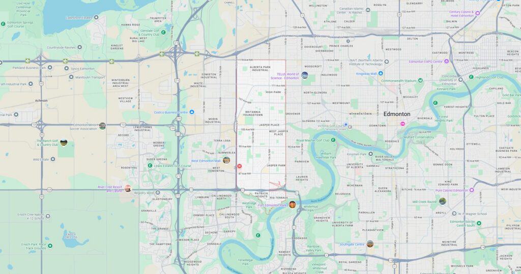 Solar panel installation map in Edmonton, Alberta, showcasing Ridgeline Solar's renewable energy solutions.