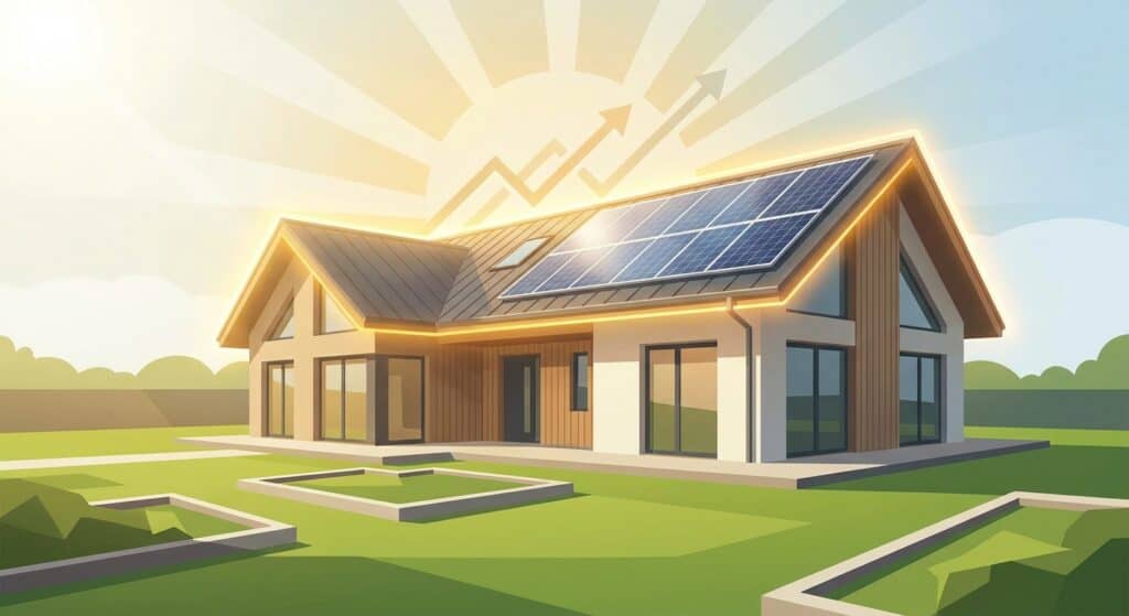 Solar-powered modern house with rooftop solar panels and energy efficiency features.