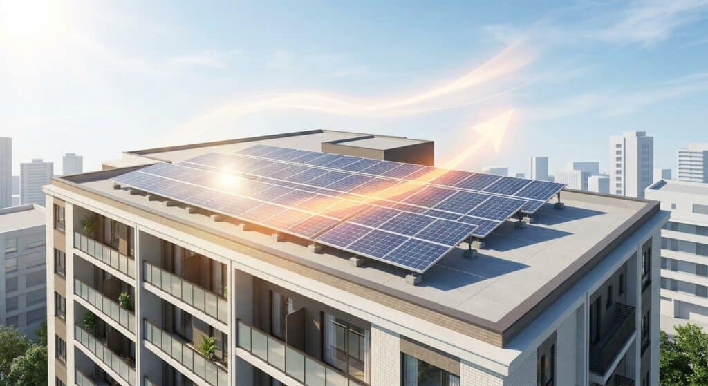 Multi-Unit Residential Solar: Maximizing ROI and Savings 1 Solar panels installed on the rooftop of a modern city building, capturing sunlight for renewable energy.