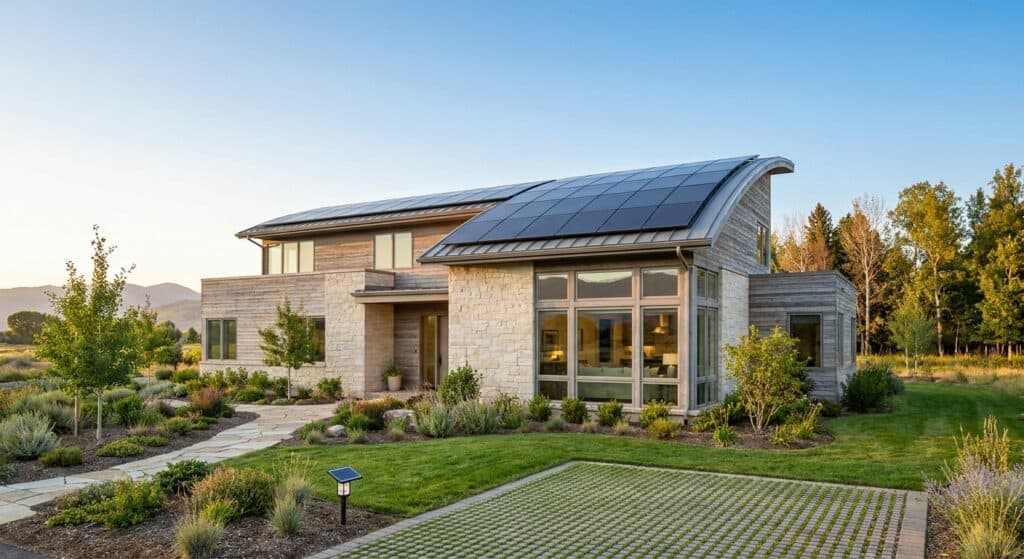 Sagen Energy Efficient Housing: Sustainable Home Solutions 1 A modern house featuring solar panels installed on the roof, showcasing sustainable energy solutions for residential properties.