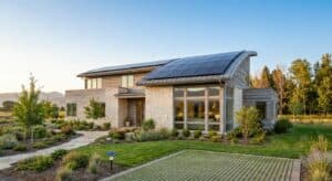 Sagen Energy Efficient Housing: Sustainable Home Solutions 2 A modern house featuring solar panels installed on the roof, showcasing sustainable energy solutions for residential properties.