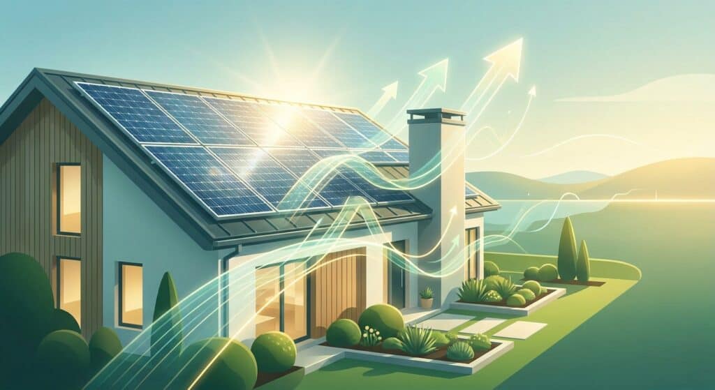 Modern home equipped with solar panels on the roof, harnessing renewable energy to reduce electricity costs and carbon footprint.